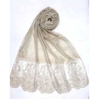 Designer Cotton diamond studded Women's scarf with flower print - Light Brown